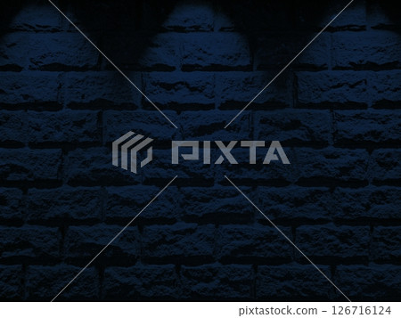 Old Stone Brick Wall with Three Blue Spotlight Beams from the Top. 126716124
