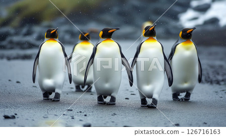 Penguins walking along the shore in cold weather 126716163