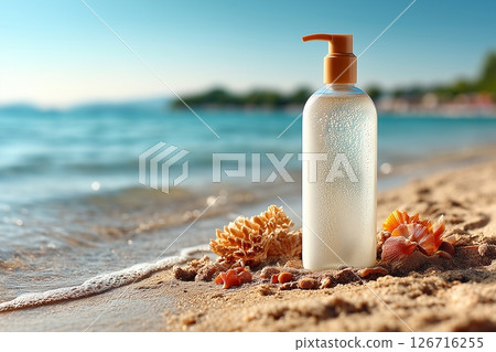 A Serene Beach Scene with a Beauty Product Bottle Amidst Seashells and Waves 126716255