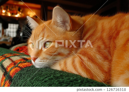 Orange Cat Resting on a Cozy Blanket with a Content Expression 126716318
