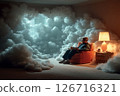 Cloudy Serenity: A Man Reading in a Room Filled with Ethereal Clouds 126716321