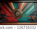 A vibrant geometric artwork featuring wooden planks arranged in a radial pattern around a central circular design 126716332