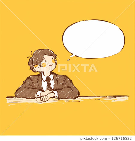 [對話泡泡] 一位西裝革履的男士坐在櫃檯前，旁邊有個對話泡泡 126716522