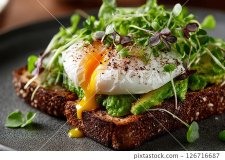 Healthy breakfast toast with avocado, poached egg and sprouts Healthy breakfast toast with avocado, poached egg and sprouts 126716687