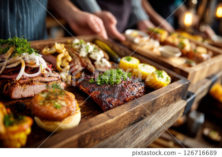 Assorted grilled barbecue platter served at rustic gathering Assorted grilled barbecue platter served at rustic gathering 126716689