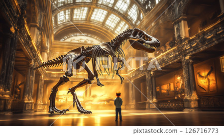 A kid boy stands in awe in front of a giant dinosaur skeleton at the museum. The concept focuses on curiosity, history, and the excitement of discovering the ancient past. Generative AI. A kid boy stands in awe in front of a giant dinosaur skeleton at the museum. The concept focuses on curiosity, history, and the excitement of discovering the ancient past. Generative AI. 126716773