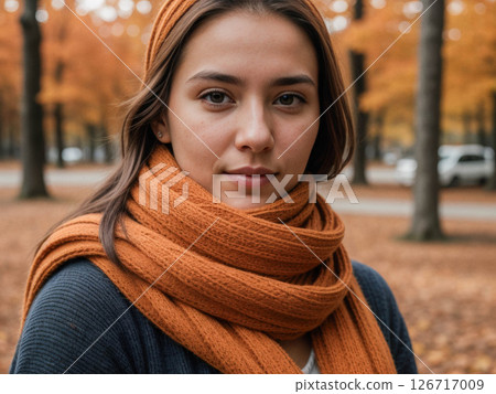 Young Woman in Orange Scarf Amid Autumn Foliage 126717009