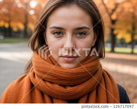 Young Woman in Orange Scarf Amid Autumn Foliage Young Woman in Orange Scarf Amid Autumn Foliage 126717047