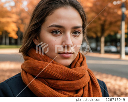 Young Woman in Orange Scarf Amidst Autumn Leaves 126717049
