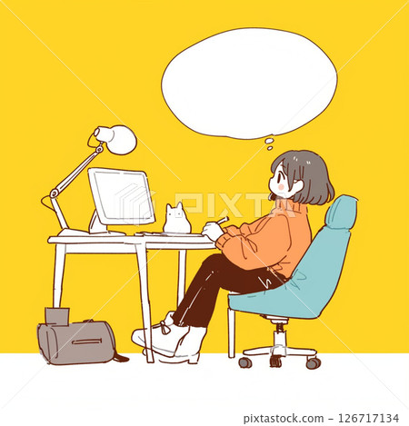 [對話框] 一位女士在房間裡休息，同時使用電腦工作，對話框 126717134