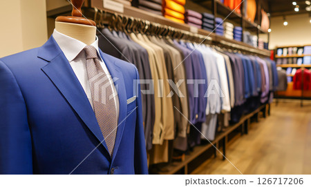 Stylish blue suit on display in fashion store 126717206