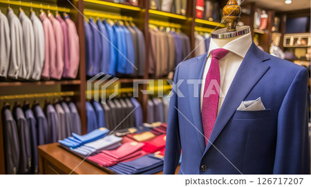 Tailored blue suit displayed in stylish boutique 126717207