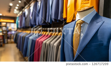 Stylish blue suit showcased in store 126717209