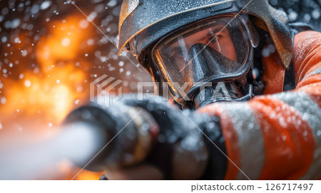 Firefighter battling flames in extreme conditions Firefighter battling flames in extreme conditions 126717497