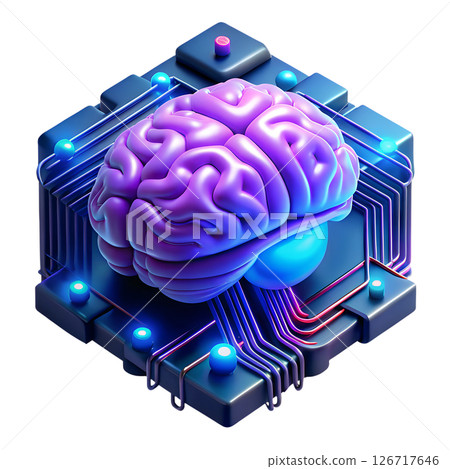 Artificial intelligence brain inside glowing cybercube, futuristic 3d illustration with digital circuit lines, isolated on transparent background 126717646