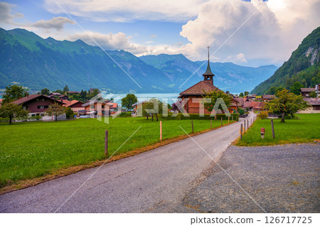 Swiss Reformed Church in Iseltwald with Lake Brienz View 126717725