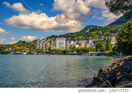 Montreux, Switzerland, with hillside buildings and Lake Geneva Montreux, Switzerland, with hillside buildings and Lake Geneva 126717727
