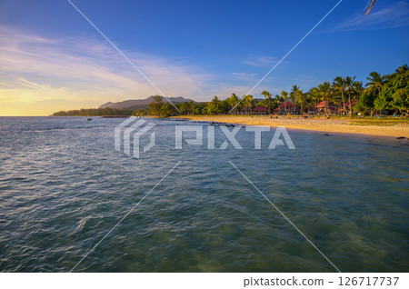 Bel Ombre beach in southern Mauritius with palm trees and sunset light Bel Ombre beach in southern Mauritius with palm trees and sunset light 126717737