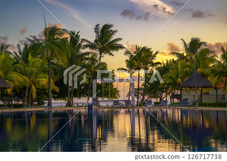 Tropical Resort Poolside at Sunset in Mauritius 126717738