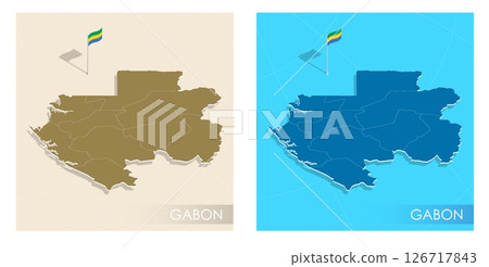 Gabon country flag installed on geographic positioning map point of country territory. Gabon commonwealth banner on land and sea. Festive patriotic HD format template for independence day Gabon country flag installed on geographic positioning map point of country territory. Gabon commonwealth banner on land and sea. Festive patriotic HD format template for independence day 126717843