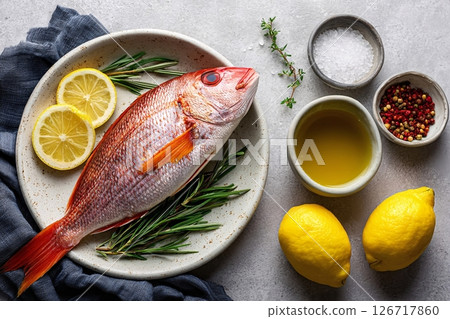 tempting snapper in the cozy corner on a light gray background, in a clean food photography style 126717860