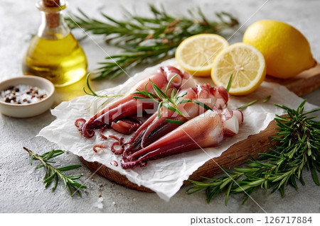 tempting squid in the rustic corner on a white background, in a clean food photography style 126717884