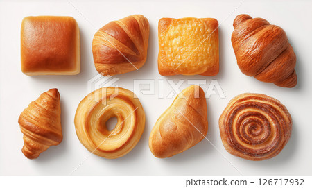 Neatly displayed baked goods assortment on the white background 126717932