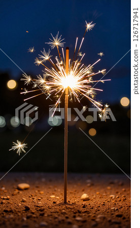 Sparkler emitting bright sparks in dim outdoor setting, celebration 126717941