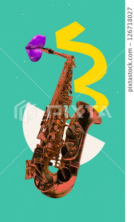 Conceptual collage. Gold saxophone with purple lips releases jazzy sound into motion swirls against teal background creating rhythm. Surreal art style Conceptual collage. Gold saxophone with purple lips releases jazzy sound into motion swirls against teal background creating rhythm. Surreal art style 126718027