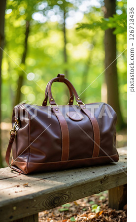Elegant leather duffel bag on rustic bench in green forest, travel theme 126718436