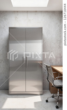 Sleek stainless steel file cabinet in minimalist office, modern design Sleek stainless steel file cabinet in minimalist office, modern design 126718444