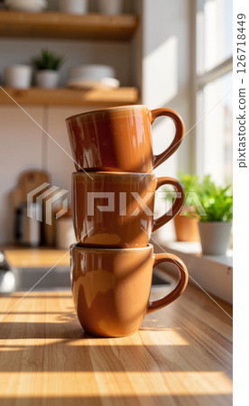 Elegant ceramic coffee cups stacked on wooden counter, cozy ambiance 126718449