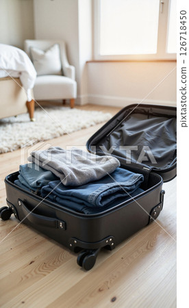 Sleek black leather suitcase with packed clothes in hotel room, travel essentials 126718450