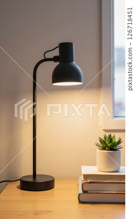 Modern desk lamp illuminating books and succulent plant, cozy workspace 126718451