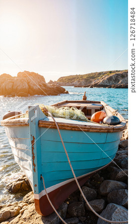 Classic wooden fishing boat anchored by rocky shore, serene coastal landscape 126718484