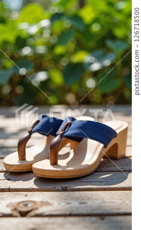 Traditional wooden sandals on weathered deck, natural beauty 126718500