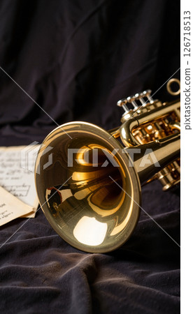 Glistening brass trumpet on dark velvet backdrop, musical elegance 126718513