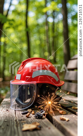 Red fire helmet with sparks on wooden bench, safety in nature Red fire helmet with sparks on wooden bench, safety in nature 126718531