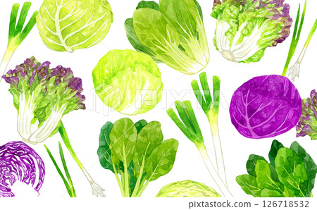 新鮮綠葉蔬菜背景手繪水彩插圖 126718532