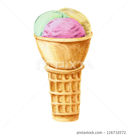 Watercolor hand drawn illustration with three balls of lemon, strawberry, pistachio ice cream in a waffle cone  126718572