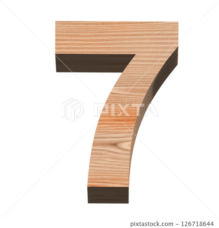 Three-dimensional number 7 on a white background, wooden texture, 3D production 126718644