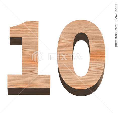 Three-dimensional number 10 on a white background, wooden texture, 3D production 126718647