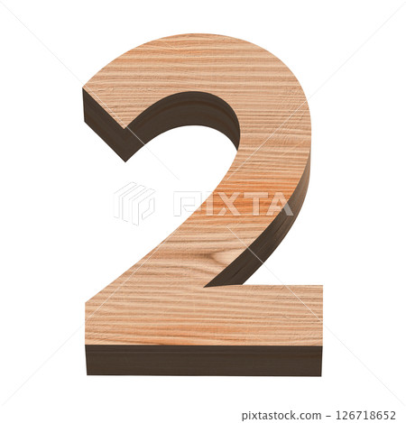 Three-dimensional number 2 on a white background, wooden texture, 3D production Three-dimensional number 2 on a white background, wooden texture, 3D production 126718652