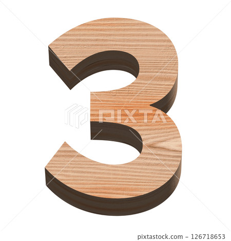 白色背景上的三維數字 3,木質紋理,3D 製作 白色背景上的三維數字 3,木質紋理,3D 製作 126718653