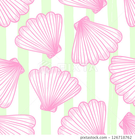 La dolce vita themed seamless pattern with Seashells. The Scallop print with hand drawn pink contour on green and white striped background. Hand-drawn vector inspired by Summer Italian aesthetic. 126718762