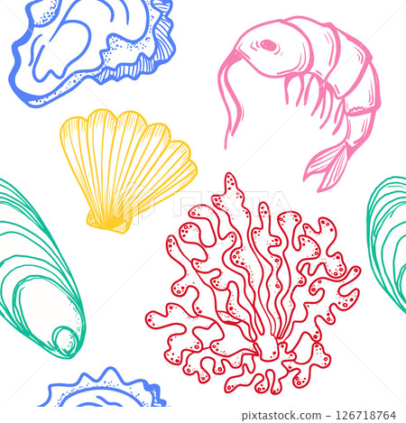 La dolce vita themed seamless pattern with Seafood. The Scallop, Shrimp, Coral, Oyster with hand drawn colourful contour on white background. Hand-drawn vector inspired by Summer Italian aesthetic. 126718764