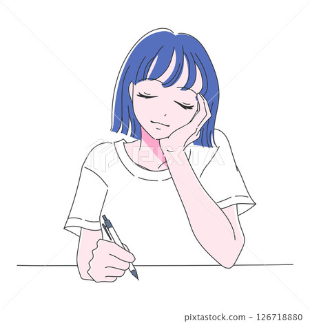 Hand-drawn illustration of a woman's upper body studying and writing in a diary 126718880