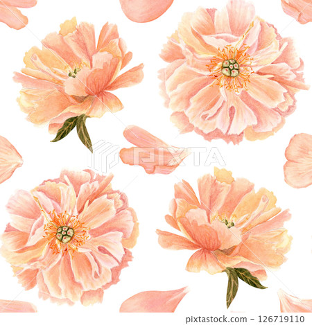 Peony flower head in soft peach tones watercolor seamless pattern. Hand-painted with high detail, perfect for wedding invitations, feminine branding, packaging, fabric design, cards. Coral charm color 126719110