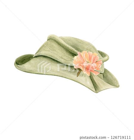 Vintage green hat with peony flower decor, hand-painted in watercolor on white. Perfect for wedding invitations, retro-themed stationery, fashion branding, boutique logos, feminine editorial projects Vintage green hat with peony flower decor, hand-painted in watercolor on white. Perfect for wedding invitations, retro-themed stationery, fashion branding, boutique logos, feminine editorial projects 126719111