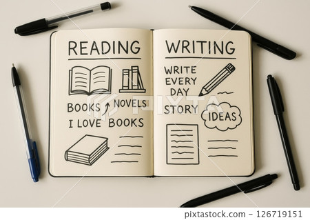Open notebook with hand-drawn reading and writing notes surrounded by pens on desk, education and creativity concept 126719151